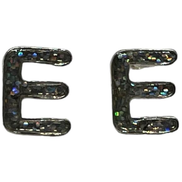 Initial E Post Earrings Glitter Sparkle Letter Black Holographic Stud Alphabet - Picture 2 of 5